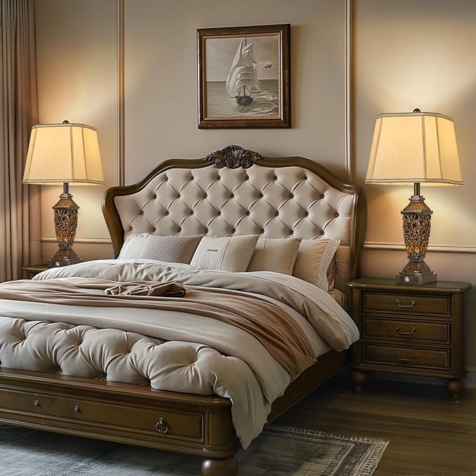 AIDENOEY 27.5“ Farmhouses Table Lamp with USB & USB-C Charging Ports, 3-Color Dimmable & Stepless Bottom Dimming, Touch Control & Switch, Vintage Bedside Lamp for Bedroom Living Room Office,(Brown)