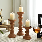 SWALLOWLIVING Rustic Farmhouse Wood Pillar Candle Holder Set of 3 for Candlestick, Brown