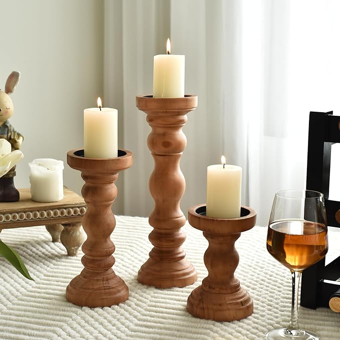 SWALLOWLIVING Rustic Farmhouse Wood Pillar Candle Holder Set of 3 for Candlestick, Brown