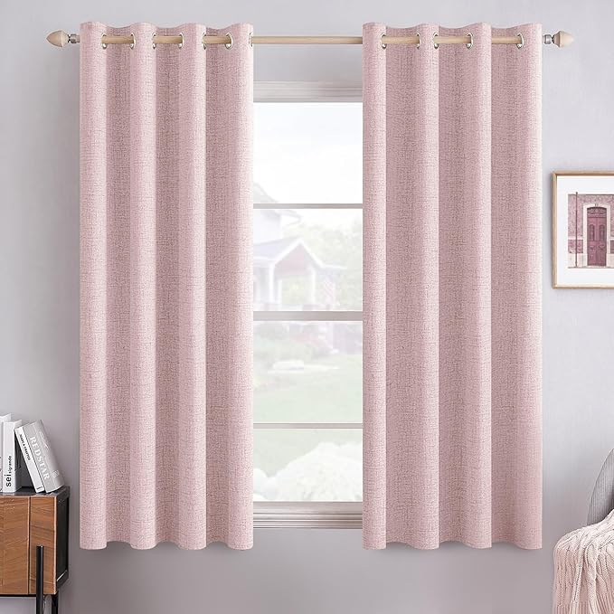 MIULEE Linen Texture Curtains for Bedroom Solid 100% Blackout Thermal Insulated Pink Curtains Grommet Room Darkening Drapes for Living Room Nursery 52x63 Inch (2 Panels)