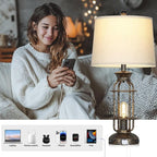 28" Vintage Table Lamps for Living Room, Industrial Farmhouse Table Lamp with USB C+A Ports & Outlet, Rustic Nightstand Bedside Lamps with 2 Night Light for Bedroom End Tables Bronze, 4 Bulbs Included
