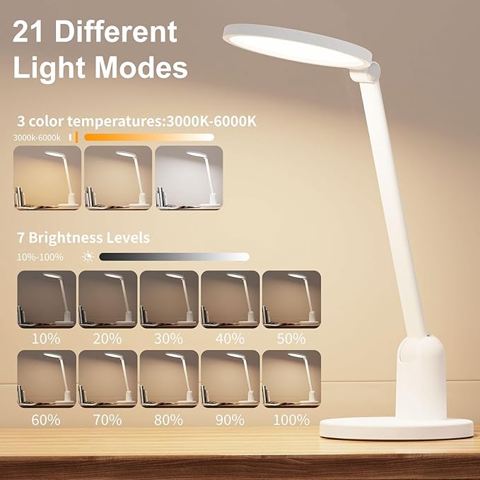 Desk Lamps for Home Office with Stable Base, 1000LM Ultra Bright Eye-Caring Desk Light, 3000K-6000K Dimmable Table Lamp with Stepless Dimming & Timing Function for Work, Reading, Bedroom, Bedside