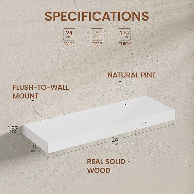 Heimlove 24 inch Floating Shelves for Wall,2 Packs Natural Pine Solid Wood Bathroom Shelf Over Toilet Decor and Storage 8 inches Deep for Kitchen Bedroom Office & Living Room Display Wall Decor