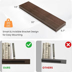 Floating Shelves for Wall, 31.5"W x 6.7"D x 1.5"H, Wooden Wall Mounted Display Shelves with Invisible Brackets for Living Room, Bedroom, Bathroom, Kitchen Decor and Storage, Set of 2, Walnut