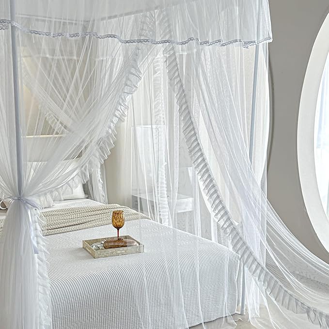 AIKASY 4 Corners Post Ruffle Princess Bed Canopy Curtain - Double Layer Cozy Drape Netting with 4 Openings - Elegant Mosquito Net for Girls and Adults Bedroom Decoration (White, Queen)