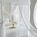 AIKASY 4 Corners Post Ruffle Princess Bed Canopy Curtain - Double Layer Cozy Drape Netting with 4 Openings - Elegant Mosquito Net for Girls and Adults Bedroom Decoration (White, Queen)