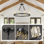 Black Wagon Wheel Chandelier, 8-Light Farmhouse Crystal Chandeleirs with Adjustable Height,Ceiling Hanging Light Fixture Pendant Lights for Living Room,Bedroom,Kitchen Island,Dining Room,Bedroom