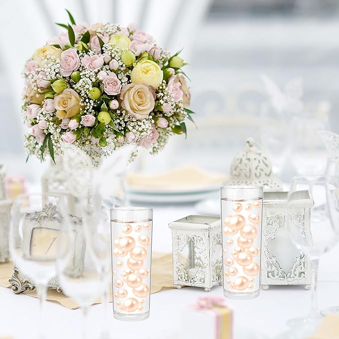 100PCS Light Champagne Faux Pearls Beads for Centerpiece Vases, Vase Filler Faux Pearls, No Holes Filler Beads for Party Anniversary Birthday Wedding Table Decor, 14/20/30mm