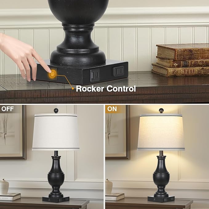 Table Lamps for Living Room Set of 2, Farmhouse Vintage Table Lamp with USB A+C Charging Ports & AC Outlet, 25" Black Rustic Traditional Lamps for Bedroom Nightstand Desk(2 LED Bulbs Included)