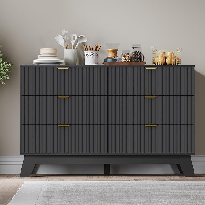 Fluted 6 Drawer Dresser, 47.2" Wide Modern Boho Chest of Drawers, Wooden Storage Dresser TV Stand for Bedroom, Living Room, Closet, Hallway, Curved Profile Design