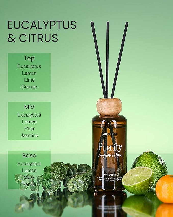 M&SENSE Eucalyptus Citrus Reed Diffuser: 6.3 fl oz Non-Toxic Aroma Set with Sticks, Light & Subtle Fragrance, Long-Lasting Natural Essential Oil Gifts for Bedroom, Shelf Decor & Small Spaces