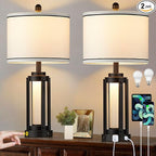 25" Modern Table Lamps Set of 2, Industrial Beside Lamps with USB A+C Charging Ports & AC Outlet, Nightstand Lamp with Glass Night Light for Living Room Bedroom End Table Decor White(4 Bulbs Included)