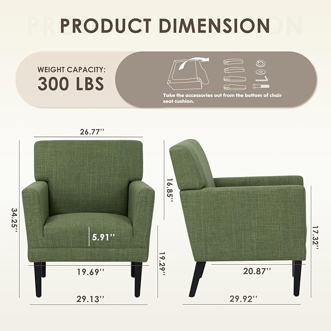 COLAMY Modern Accent Chair for Living Room, Upholstered Fabric Accent Armchair with Back, Soft Single Sofa Chair with Arms for Bedroom/Office/Reception Room, Green