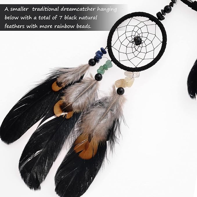 7 Chakras Black Tree of Life Dream Catchers Wall Decor with Rainbow Healing Crystal Stone Handmade Art Feather Dreamcatcher Wall Hanging Ornament for Bedroom Decor Blessing Gift Wedding Party-23.6"