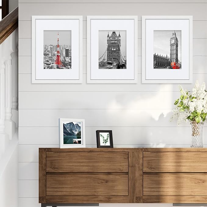 9x12 White Picture Frames set of 3, Made of Wooden and Glass Photo frame - Displays Picture 6x8 with Mat or 9 x 12 without Mat, Desktop & Wall Collage Frame set