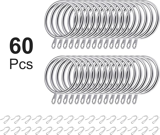 Hotop 30 Pcs Metal Drapery Curtain Rings 0.98/1.26/1.65 inch Interior Diameter and 30 Pcs Hanging Curtain Drapery Pin Hooks for Window Door Shower(32 mm,Silver)