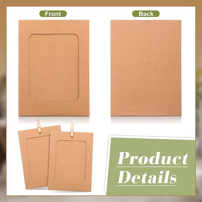 Janlaugh 100 Pcs Paper Photo Frames 4x6 Kraft Paper Picture Frame with 100 Clip 10 String Kit DIY Hanging Cardboard Photo Holder Back to School Wall Decor Wedding Home