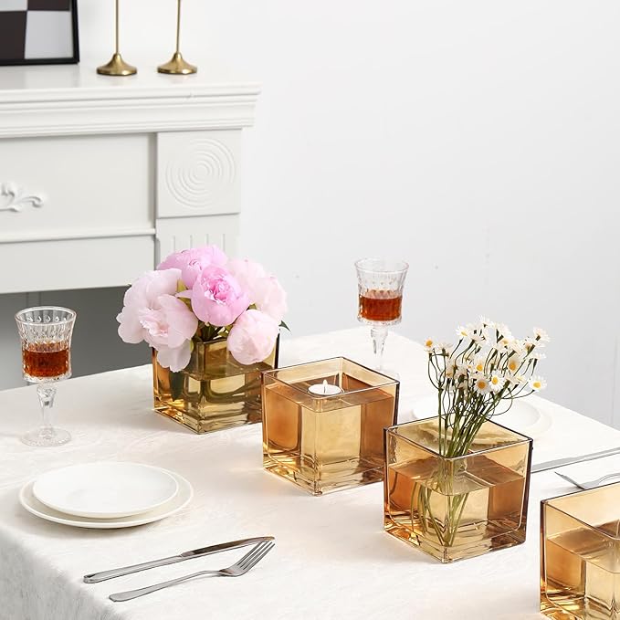Square Amber Glass Vases Set of 2, 6" x 6" x 6" Square Vase for Centerpieces, Flower Vases for Centerpieces, Small Vase for Wedding, Party, Home Office Decoration