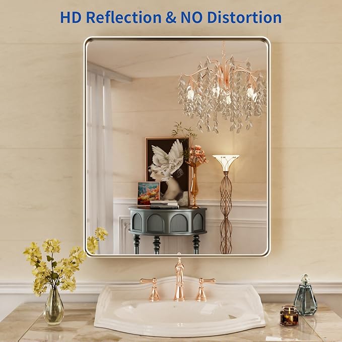 WEER 36X30 Inch Brushed Nickel Bathroom Mirror, Brushed Silver Metal Frame Mirror, Rounded Rectangle Silver Bathroom Vanity Mirror, Tempered Glass, Anti-Rust, Hangs Horizontally or Vertically