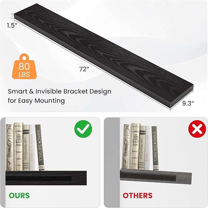 Floating Shelves for Wall, 72"W x 9.3"D x 1.5"H, Long Wooden Wall Mounted Display Shelves with Invisible Brackets for Living Room, Bedroom, Bathroom, Kitchen Decor and Storage, Set of 1, Black