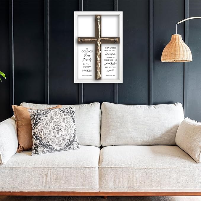 flowtorely A Cord of Three Strands Wedding Ceremony Unity Wall Decor 15"X10" Matthew 19 6 Christian Marriage Prayer Cross Sign Framed Wall Hanging Art (White)