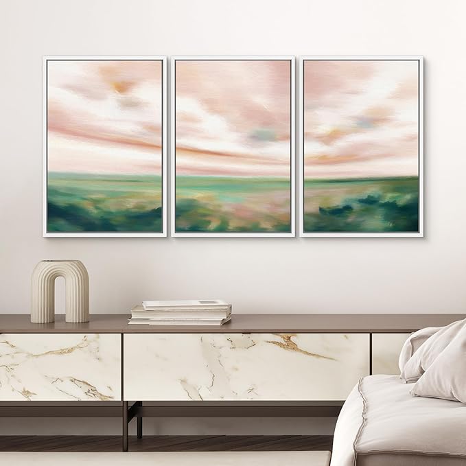 SIGNWIN Framed Canvas Print Wall Art Set Pastel Watercolor Pink Cloud Sky Green Countryside Hill Nature Wilderness Illustrations Modern Art Decorative Scenic Relax/Calm for Bedroom - 16"x24"x3 White