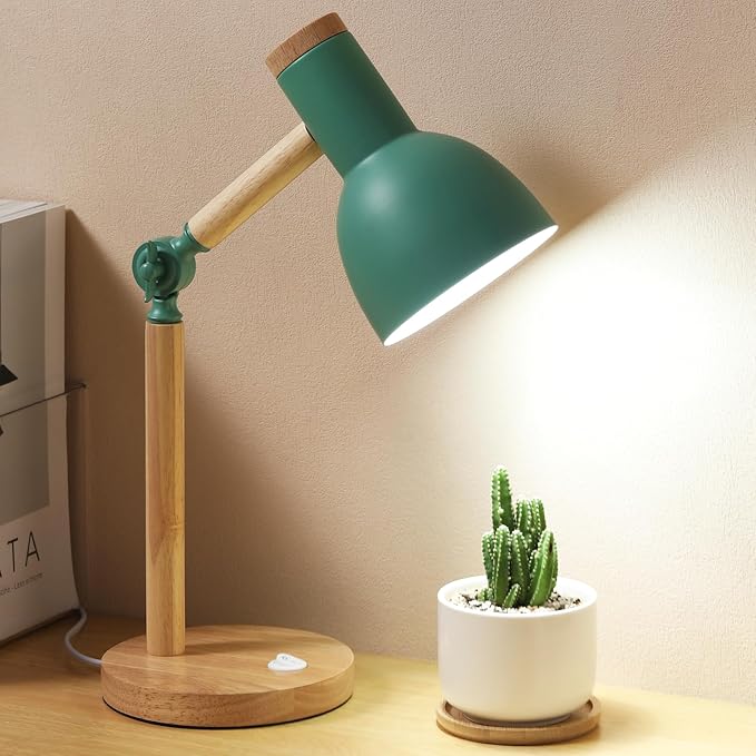 Table Lamp,Wooden Adjustable Tri-Color Desk & Bedside Lamp for Office, Living Room, Bedroom & Kids Room (Green)