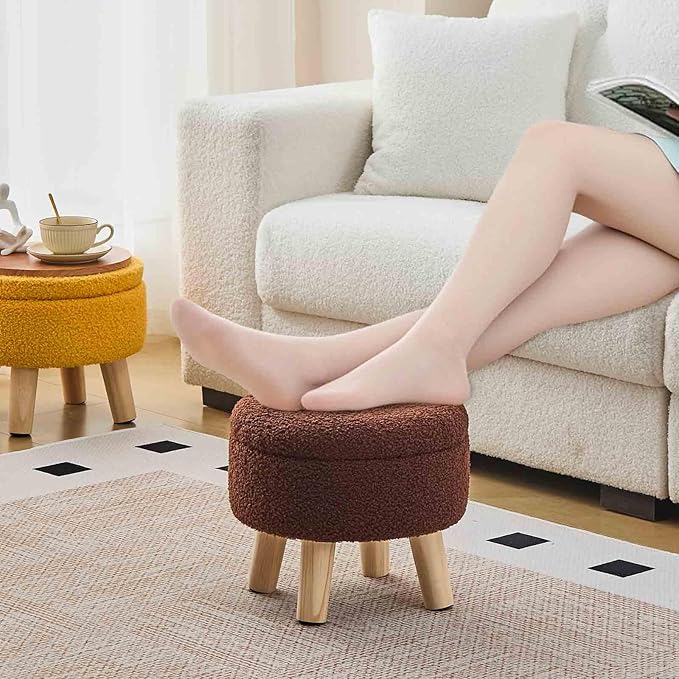 Wimarsbon Storage Ottoman, Modern Round Footrest with Soft Padded Seat, Teddy Velvet Footstool with Wood Legs, Accent Small Table or Plant Stand for Hallway, Living Room (Brown)