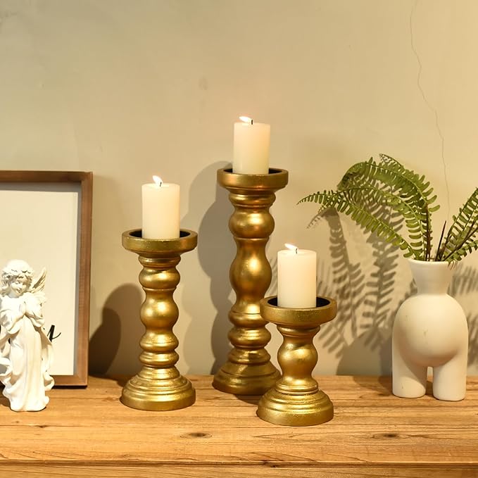 SWALLOWLIVING Rustic Farmhouse Wood Pillar Candle Holder Set of 3 for Candlestick, Gold