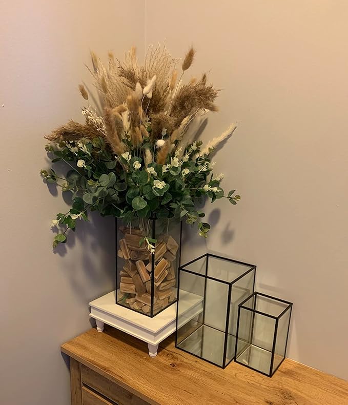 Hewory Glass Hurricane Candle Holder Set of 18, Black Large Hurricane Centerpiece for Table, Tall Floor Square Pillar Candle Holders Lantern Set for Wedding, Anniversary, Party, Fireplace, Dining Room