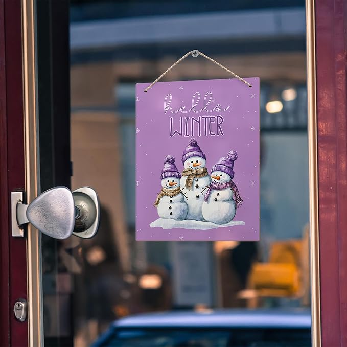 Purple Hello Winter Snowman Hanging Wooden Signs 10x8, Snowman Winter Signs, Winter Door Sign, Purple Snowman Winter Snowflakes Home Room Office Hanging Wall Decor