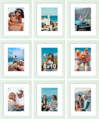 Vittanly 8x10 Picture Frames Set of 9, Shatter Resistant Plexiglass, Display 5x7 Pictures with Mat or 8x10 without Mat, Photo Frames for Wall or Tabletop, Engineered Wood, Vintage Green