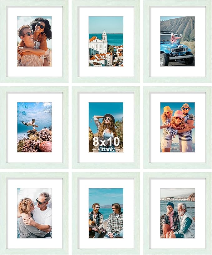 Vittanly 8x10 Picture Frames Set of 9, Shatter Resistant Plexiglass, Display 5x7 Pictures with Mat or 8x10 without Mat, Photo Frames for Wall or Tabletop, Engineered Wood, Vintage Green