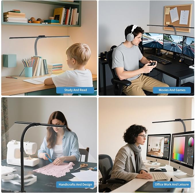 Full Spectrum LED Desk Lamp, Sun Lamp 15W Eye-Caring Table Light with CRI≥95, Flicker-Free, Low Blue Light, 2700K-6500K, Stepless Dimming, 360° Arm, Clamp Base for Office & Study