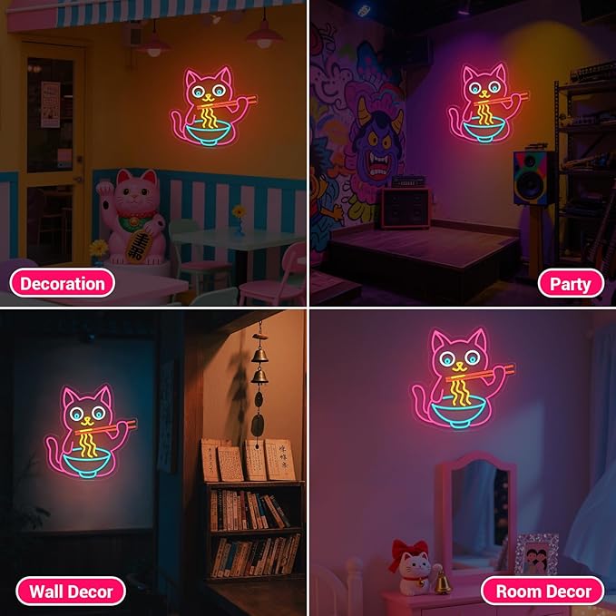 Ramen Cat Neon Sign for Wall Decor, Cute Cat Neon Sign Ramen LED Signs for Wall Art Decor Restaurant Home Bar Kitchen Dining Bedroom Art Decor Christmas Gifts