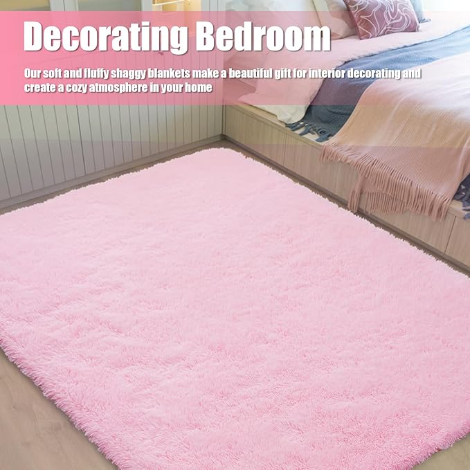 Ultra Soft Fluffy Area Rugs for Bedroom Living Room 10x14, Nursery Rug, Non-Slip Carpet for Kids Dorms Decor, Shaggy Bedside Rug, Pink