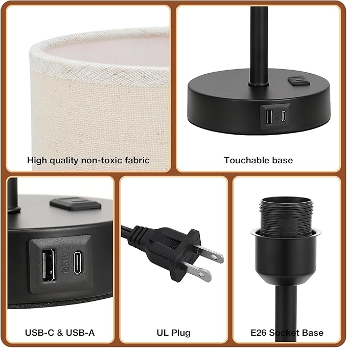 Tall Touch Bedside Table Lamp with USB - 3 Way Dimmable Black Lamps for Bedroom Nightstand, Desk Lamp with Black Charging Station for Dorm, Office, Kids Room