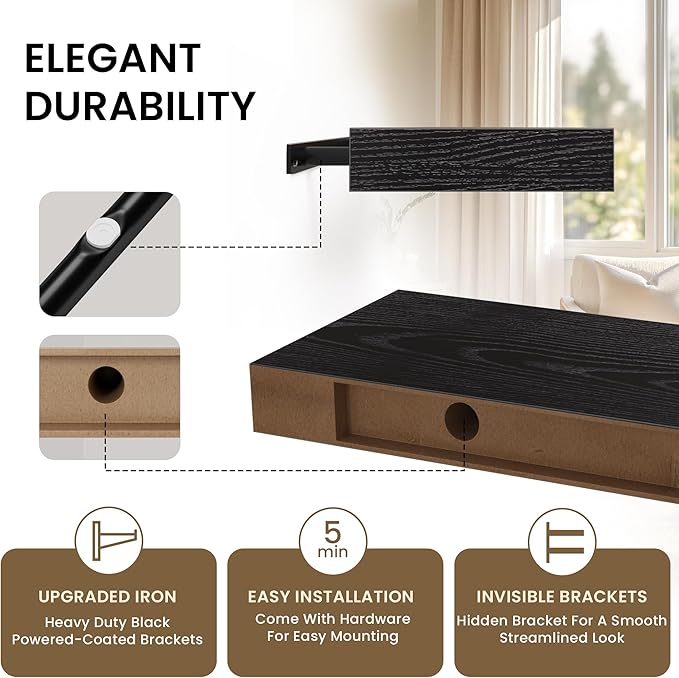 Square Floating Shelves for Wall, 8" W x 8" D x 1.2" H, Small Wooden Wall Mounted Display Shelves with Invisible Brackets for Living Room, Bedroom, Bathroom, Kitchen Decor, Set of 4, Black