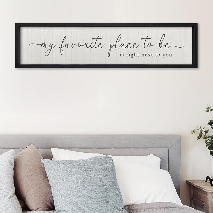 ZZJJHYWGQ Love Quotes Wall Decor My Favorite Place To Be Sign 32"×8" Couples Love Theme Plaque Modren Farmhouse Master Bedroom Above Over Bed Wood Framed Wall Art (Black)