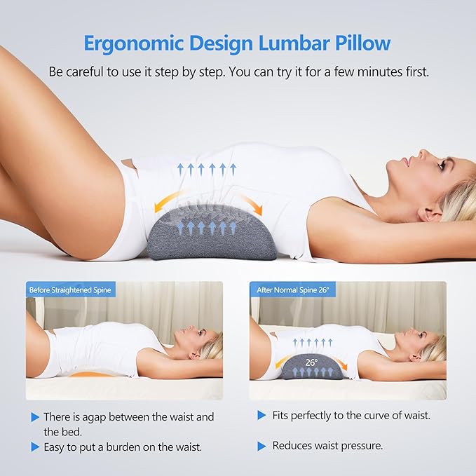 Lumbar Support Pillow for Sleeping Memory Foam Back Lumbar Support Cushion for Lower Back Pain Relief, Back Support Bed Pillow Waist Support Back Sleepers (Dark Grey)