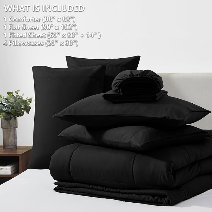 CozyLux Queen Comforter Set Black, 7 Pieces Bed in a Bag, Black Comforter Queen Size, All Season Bedding Sets with Stitch Quilted Comforter, Flat Sheet, Fitted Sheet, Pillowcases