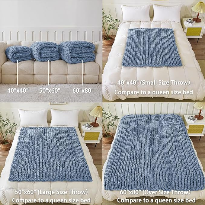 WESHIONGOO Chunky Knit Blanket Throw 50"×60" Knitted Throw Blankets for Couch Bed Fluffy Soft Blanket with Jumbo Chenille Yarn Thick 100% Handmade(Dusty Blue)