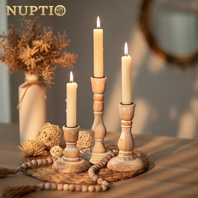 NUPTIO Rustic Candlestick Holders for Decor: Set of 6 Wood Taper Candles Holder - Vintage Candle Stick Tapered Holders for Fall Christmas Party Holiday Home Table Centerpiece