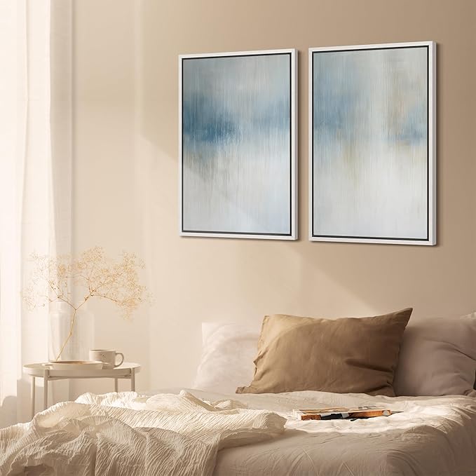 SIGNFORD Framed Canvas Print Wall Art Set Blue and Beige Abstract Modern Neutral Vertical Illustration Modern Art Decorative Nordic Nature for Living Room, Bedroom, Office - 24"x36"x2 White