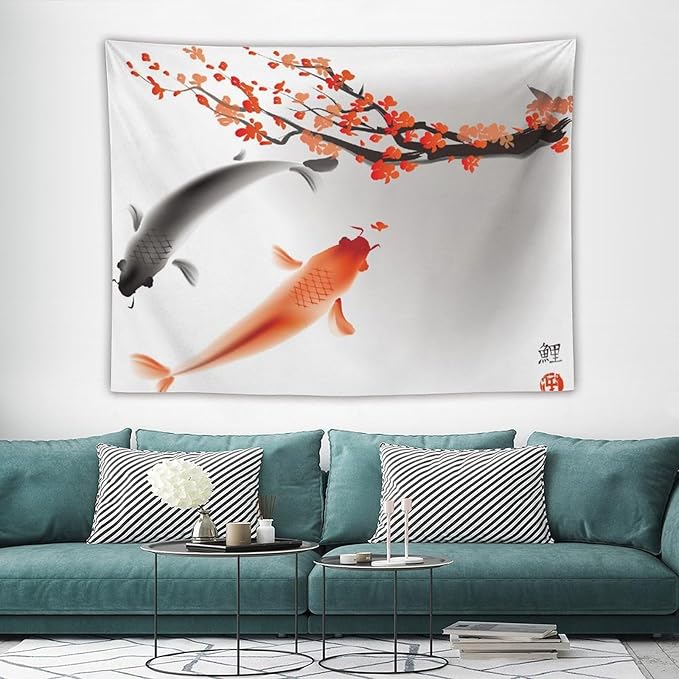 Houselerax Japanese Koi Fish Tapestry, Cherry Blossoms Asian Oriental Flower Branch Koi Fish Carp Tapestries Wall Hanging for Bedroom Living Room Office Decor 80"x60"