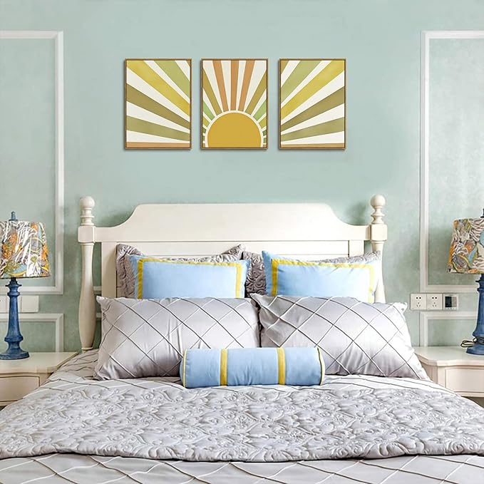 Bwodke Boho Wall Art, Framed Abstract Sunshine Wall Art, Sun Rising Neutral Canvas Wall Decor, Mid Century Geometric Pictures Set of 3, Minimalist Paintings, for Bedroom Living Room Bathroom 16"x24"