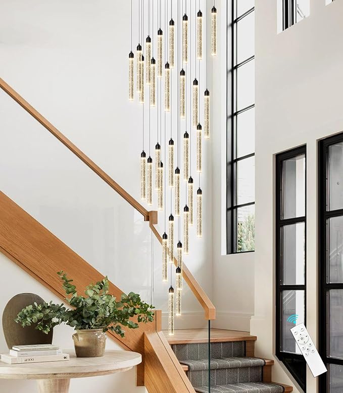 197" Long High Ceiling Chandelier 30-Lights Modern Bubble Crystal LED Light Fixture Dimmable Flush Mount Living Room Ceiling Pendant Light Staircase Foyer Entryway Dining Room Pendant Lighting