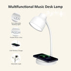 LED Desk Lamp for Office Home,Table lamp with Bluetooth Speaker&15W Wireless Charger,Desk Lamp for College Dorm Room,4 Brightness,Dimmable Table Lamp Eye Caring Reading Light(White)