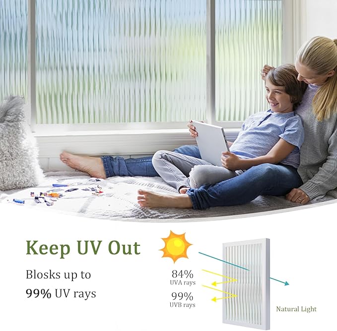 Beautyhero Window Privacy Film, Frosted Reeded Glass Cling, 3D Decorative Coverings with UV Blocking, Adhesive Stickers for Bathroom Doors Cabinet