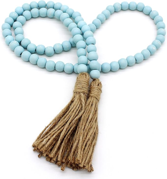CVHOMEDECO. Wood Beads Garland with Tassels Farmhouse Rustic Wooden Prayer Bead String Wall Hanging Accent for Home Festival Decor. Teal Distressed